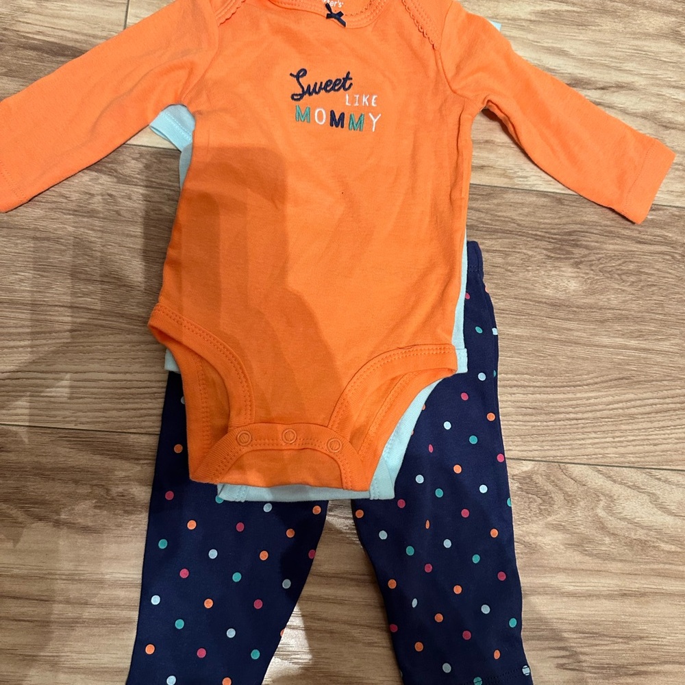 3 piece Carter's Orange Matching Set w/ Long Sleeves & Polka Dot Pants - 3months
